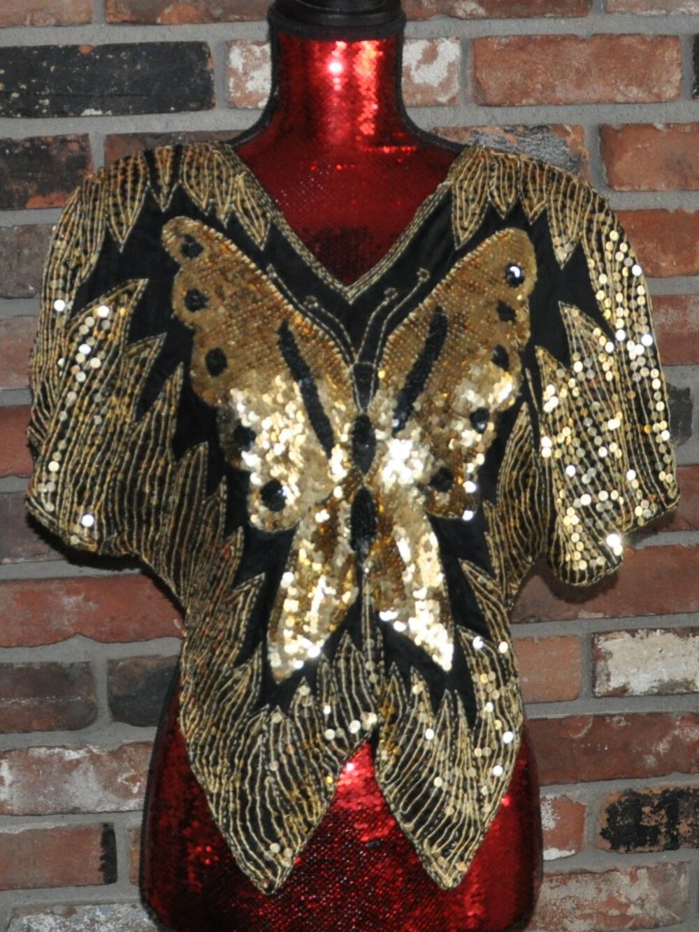 Vintage 80s Black 100% Silk Gold Metallic Sequin Butterfly Disco Top Blouse